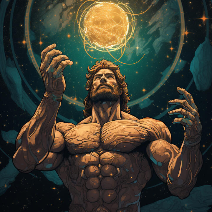 Atlas in space looking up into the paragon